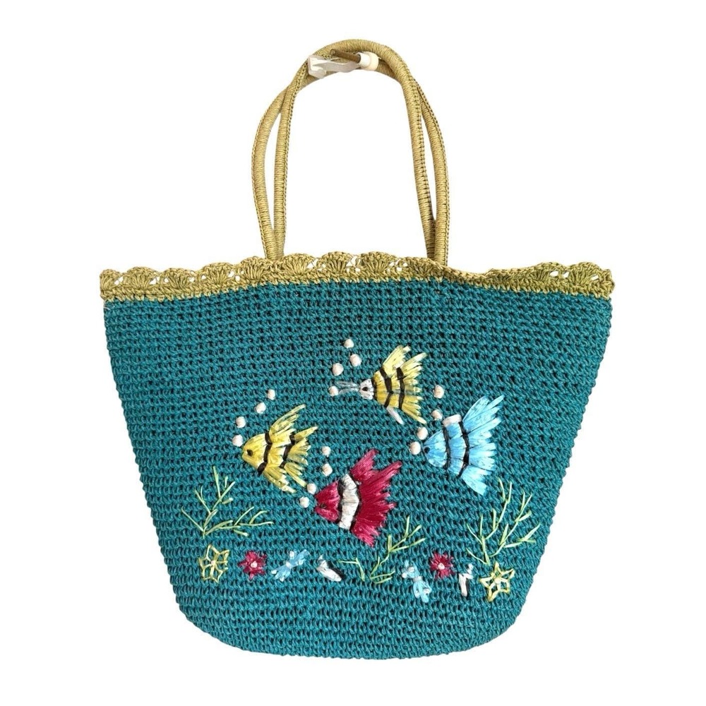 Vintage Tropical Fish Embroidered Crochet Straw Tote Bag Blue Summer Vacation - Picture 2 of 14